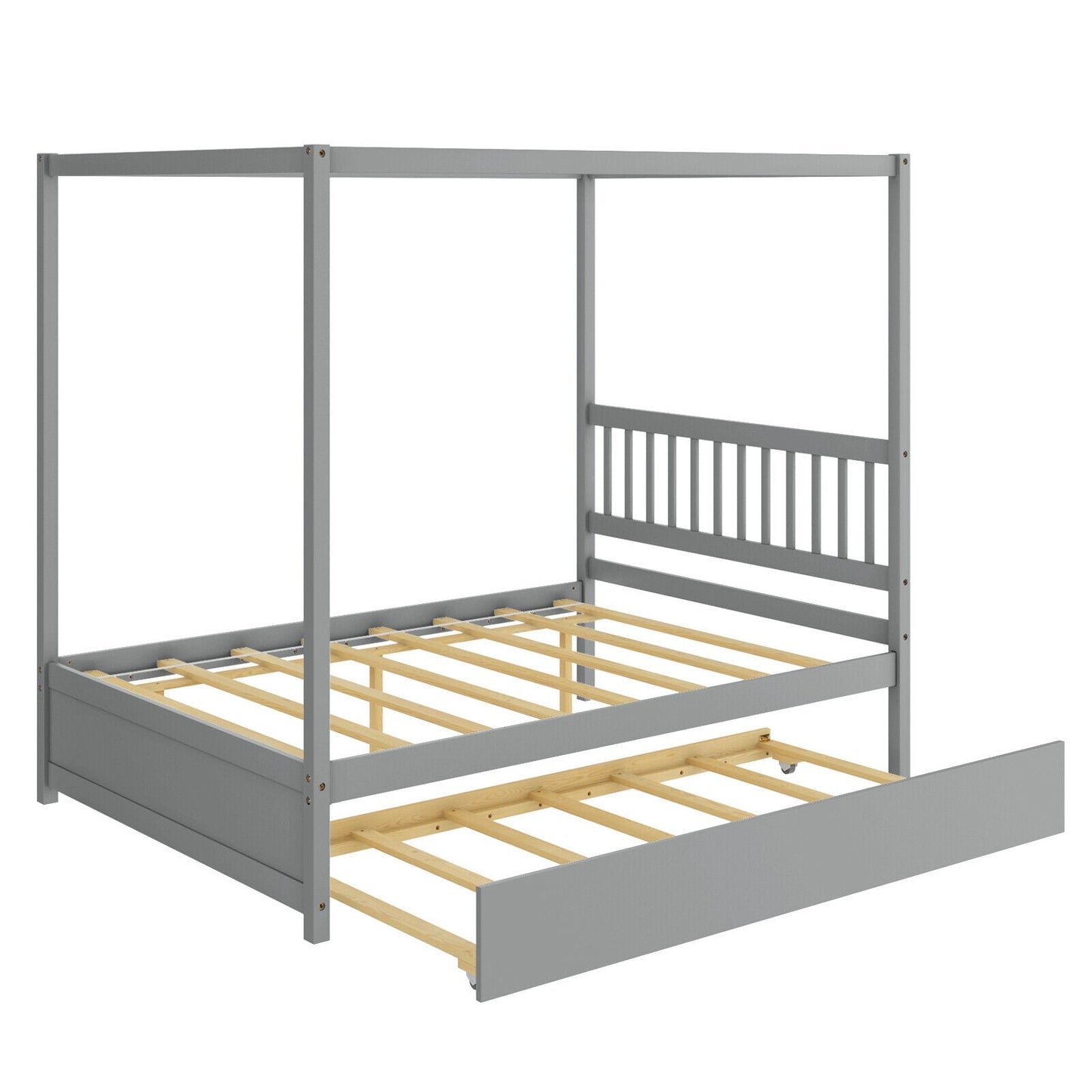 Cama con dosel de tamaño completo con cama nido, plataforma de madera, cabecero - Blanco