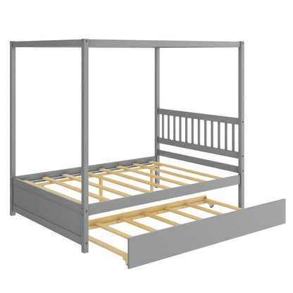 Cama con dosel de tamaño completo con cama nido, plataforma de madera, cabecero - Blanco