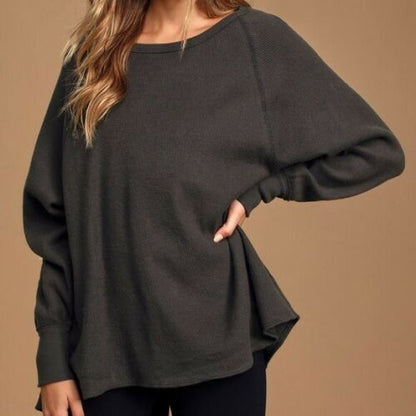 Split-back charcoal gray thermal top, long-sleeve knit with relaxed fit by Vanessa Jane on Tampa Home & Garden Store