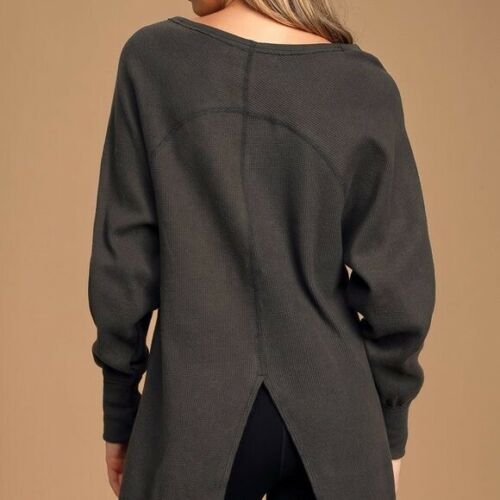 Amelia split-back thermal top in charcoal gray, long-sleeve knit shirt on Tampa Home & Garden Store