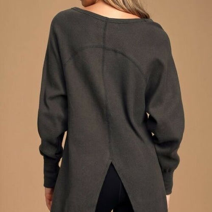 Amelia split-back thermal top in charcoal gray, long-sleeve knit shirt on Tampa Home & Garden Store