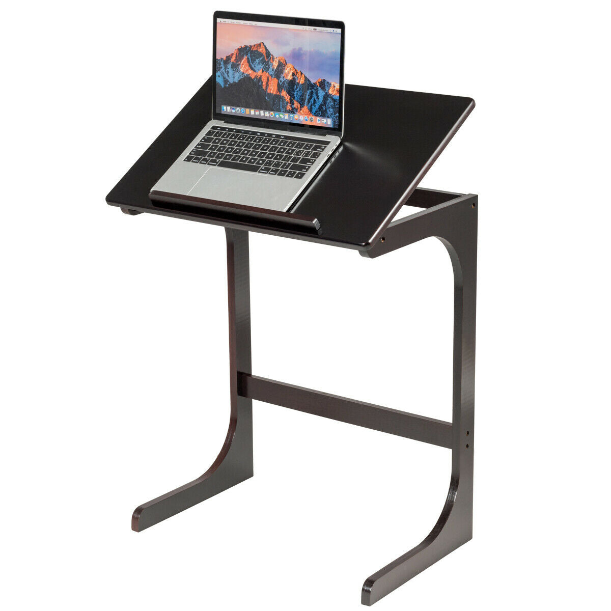 Adjustable C-Shape Couch End Table wth Tilting Top-Brown