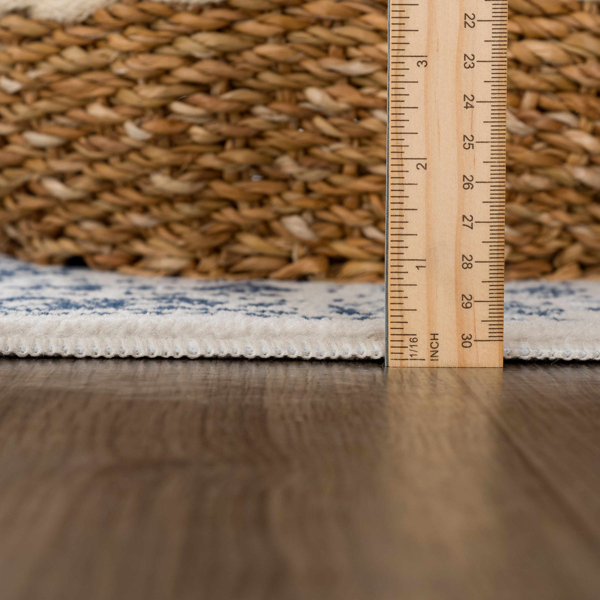 Michie Blue Area Rug Boutique Rugs blue woven rug with cream fringe and ruler for scale on Tampa Home & Garden Store