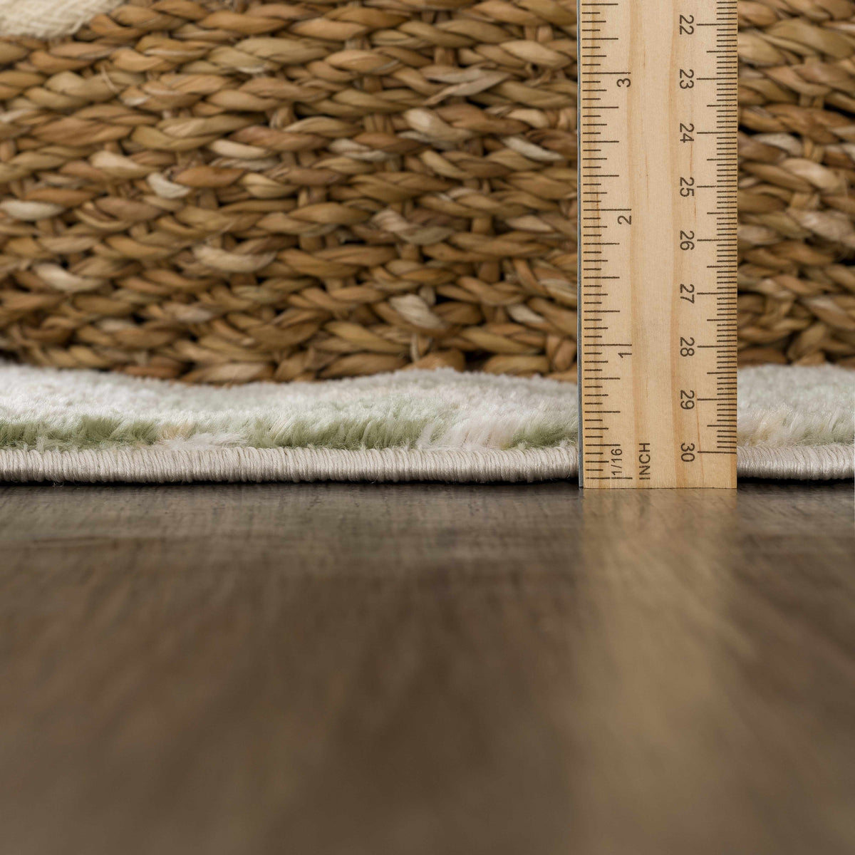 Lively Marble Green Area Rug jute texture with measuring ruler for scale Boutique Rugs on Tampa Home & Garden Store