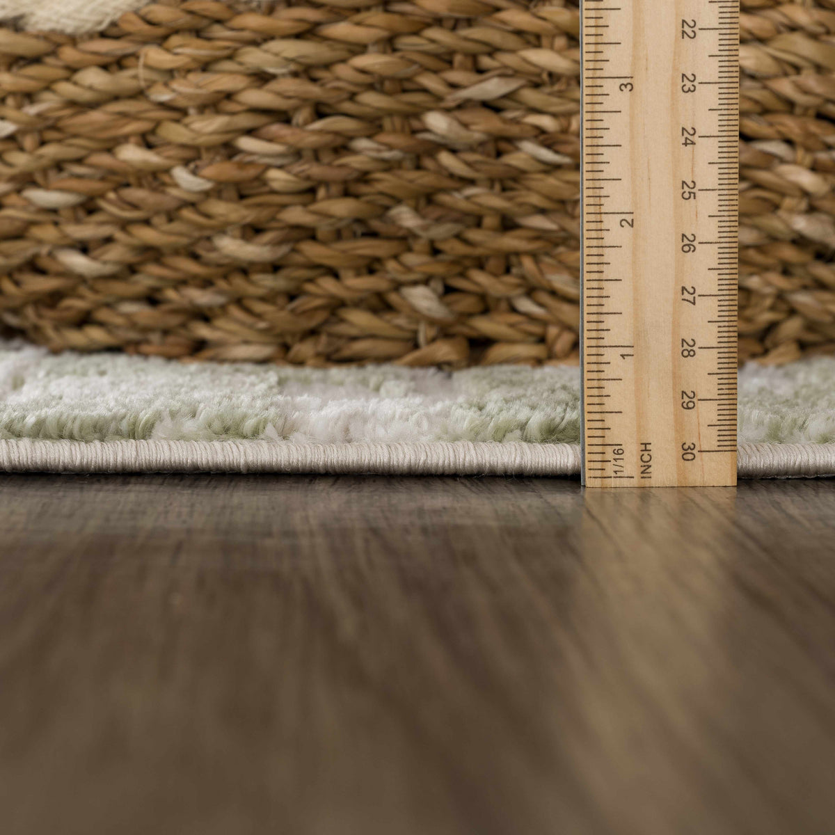 Liveri Green Mosaic Rug close-up with woven texture and scale ruler Boutique Rugs on Tampa Home & Garden Store