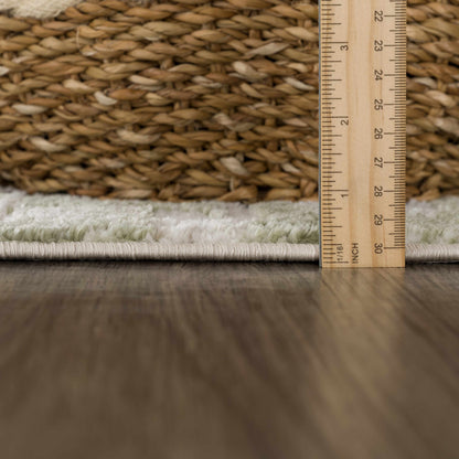 Liveri Green Mosaic Rug close-up with woven texture and scale ruler Boutique Rugs on Tampa Home & Garden Store