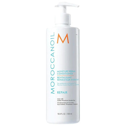 Moroccanoil Moisture Repair Conditioner bottle with white pump, blue text branding on Tampa Home & Garden Store