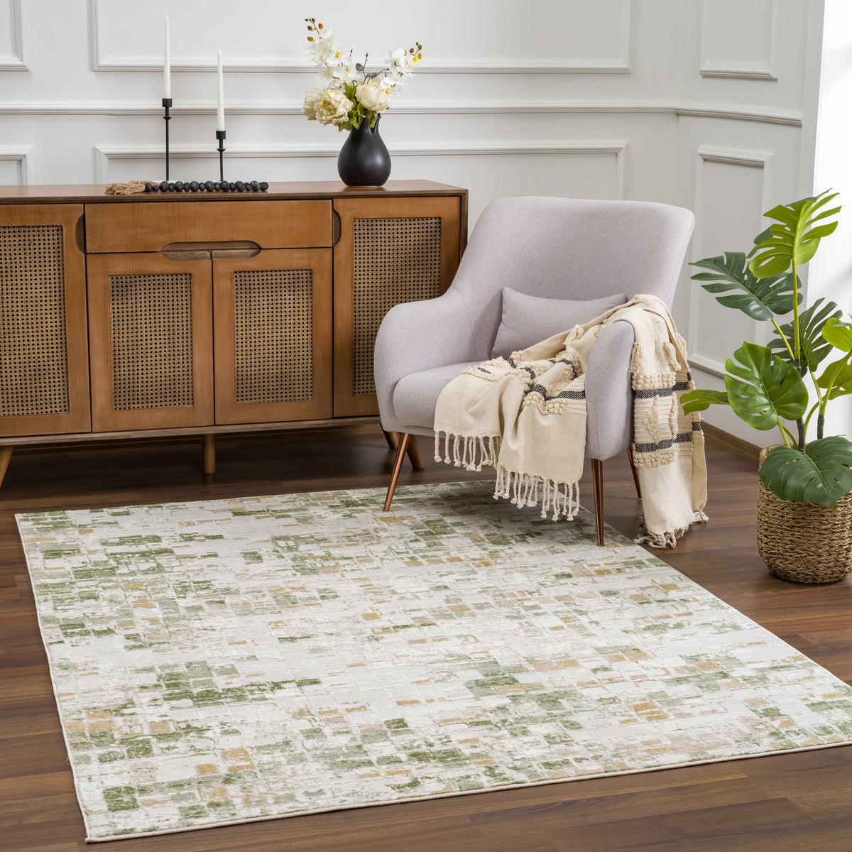 Liveri Green Mosaic Rug by Boutique Rugs, green beige mosaic in a room on Tampa Home & Garden Store