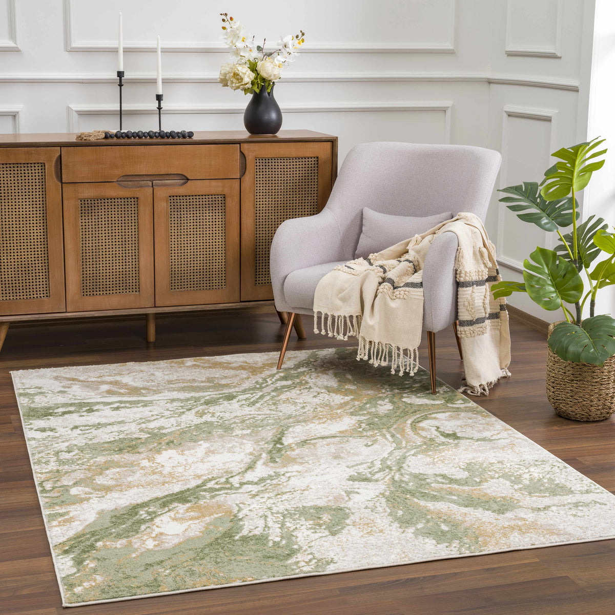 Lively Marble Green Area Rug with sage green marble pattern on dark wood floor on Tampa Home & Garden Store