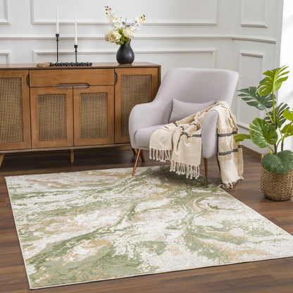 Lively Marble Green Area Rug with sage green marble pattern on dark wood floor on Tampa Home & Garden Store
