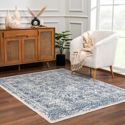 Michie Blue Area Rug by Boutique Rugs, blue and white oriental pattern indoor living room rug on Tampa Home & Garden Store