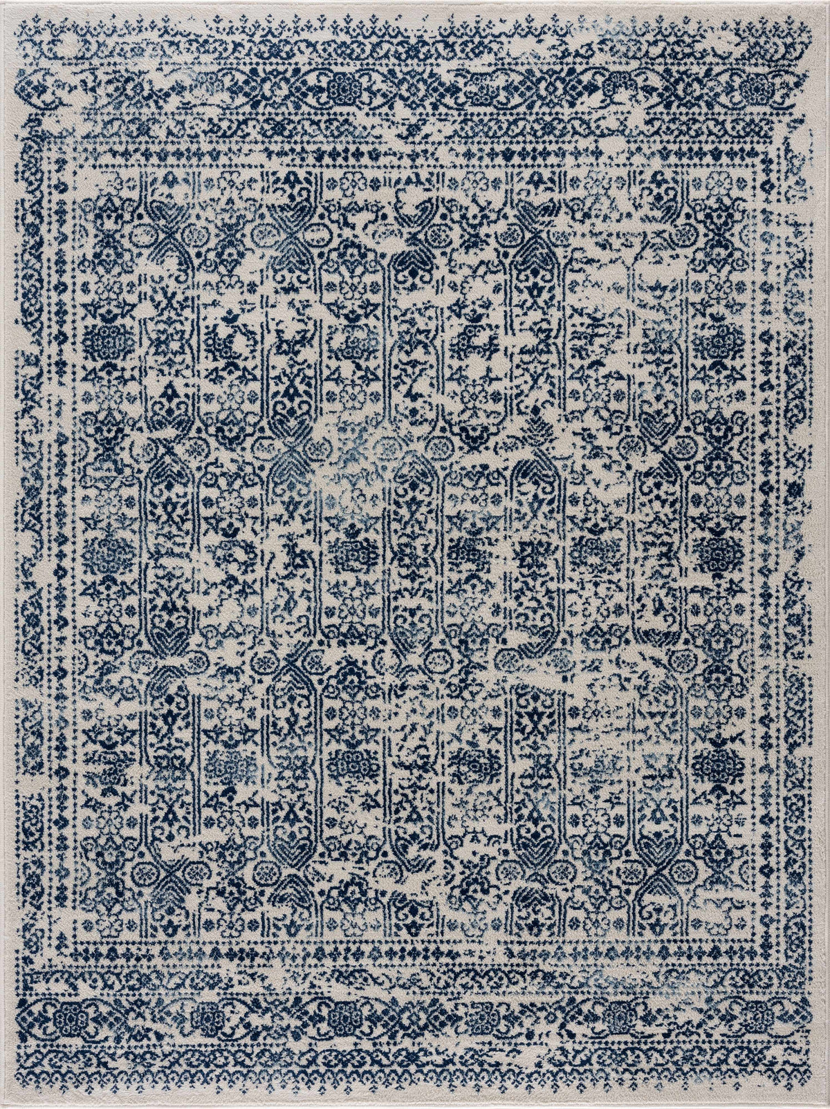 Michie Blue Area Rug by Boutique Rugs, blue ornate pattern on beige field clearance on Tampa Home & Garden Store