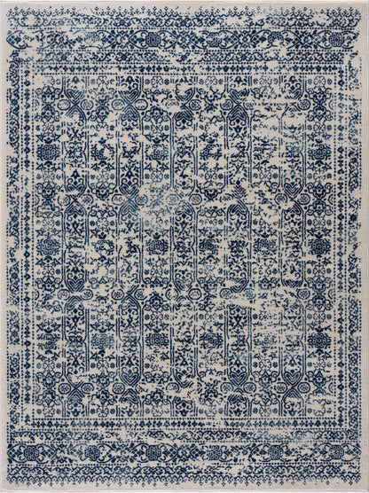 Michie Blue Area Rug by Boutique Rugs, blue ornate pattern on beige field clearance on Tampa Home & Garden Store
