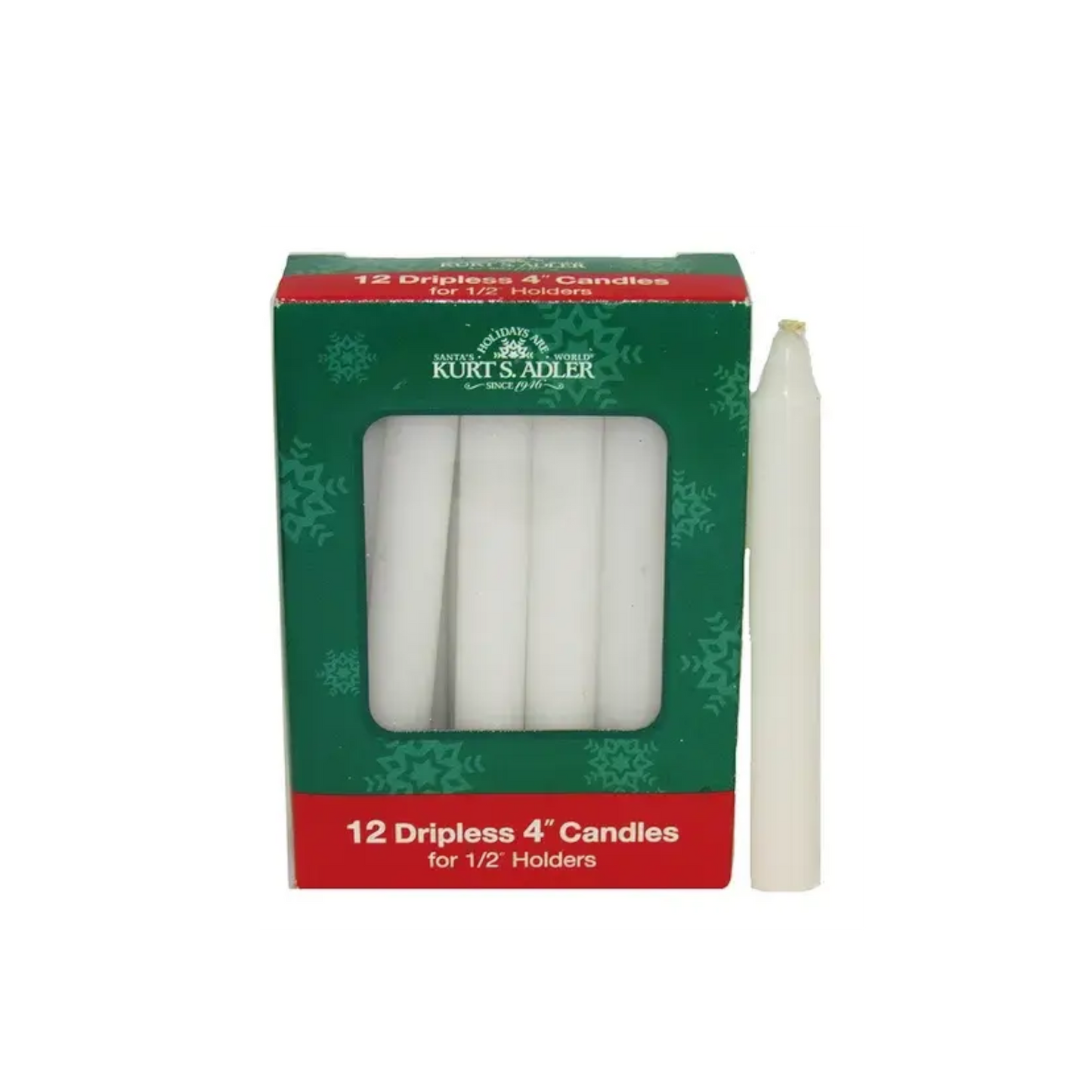White dripless 4-inch taper candles, 12-pack for Glockenspiel chimes, Kurt S. Adler brand on Tampa Home & Garden Store