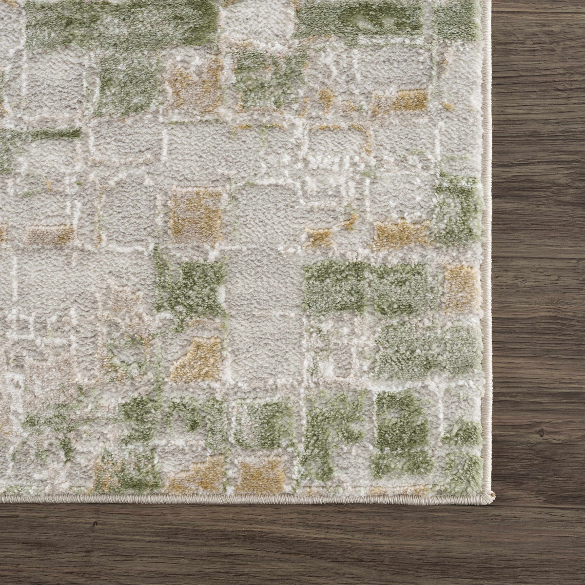 Liveri Green Mosaic Rug, green beige patchwork, high-pile texture Boutique Rugs on Tampa Home & Garden Store