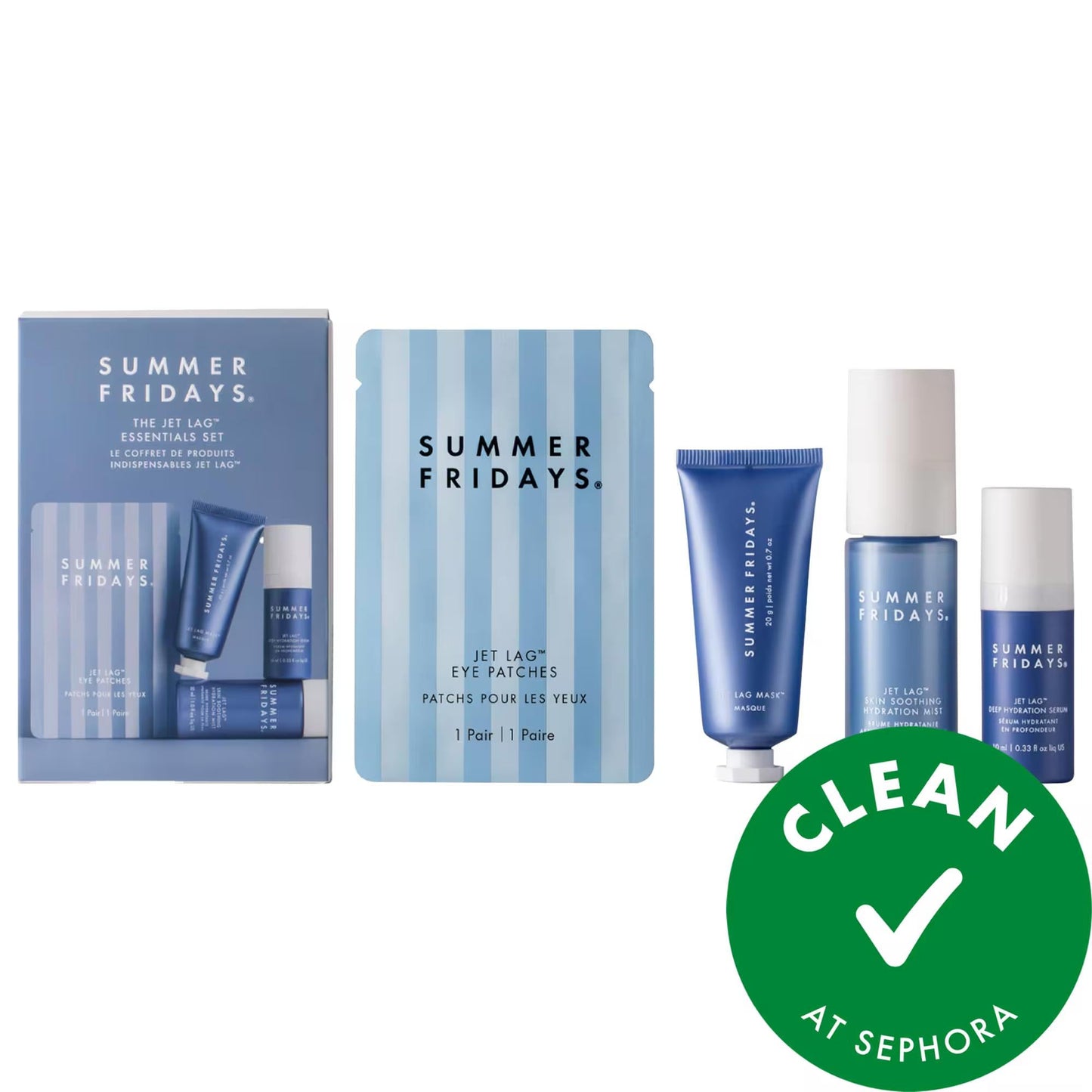 Summer Fridays Jet Lag hydration skincare set in blue striped packaging with tubes and bottles on Tampa Home & Garden Store
