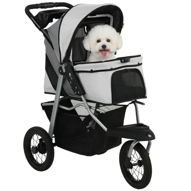 Compact All-Terrain Pet Stroller gray by Furr Baby Gifts with mesh windows and dog inside on Tampa Home & Garden Store