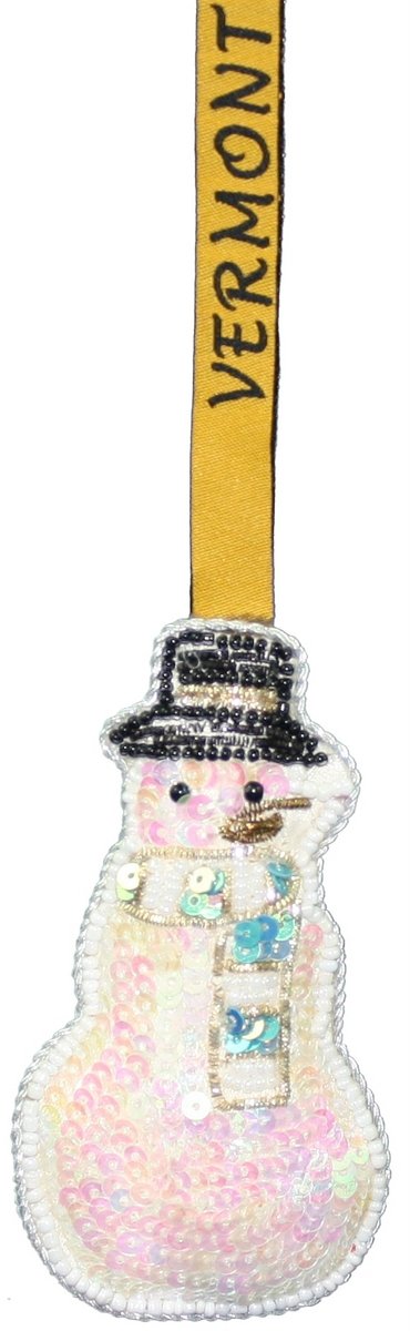 Adorno de muñeco de nieve con lentejuelas y colgador de cinta de Vermont