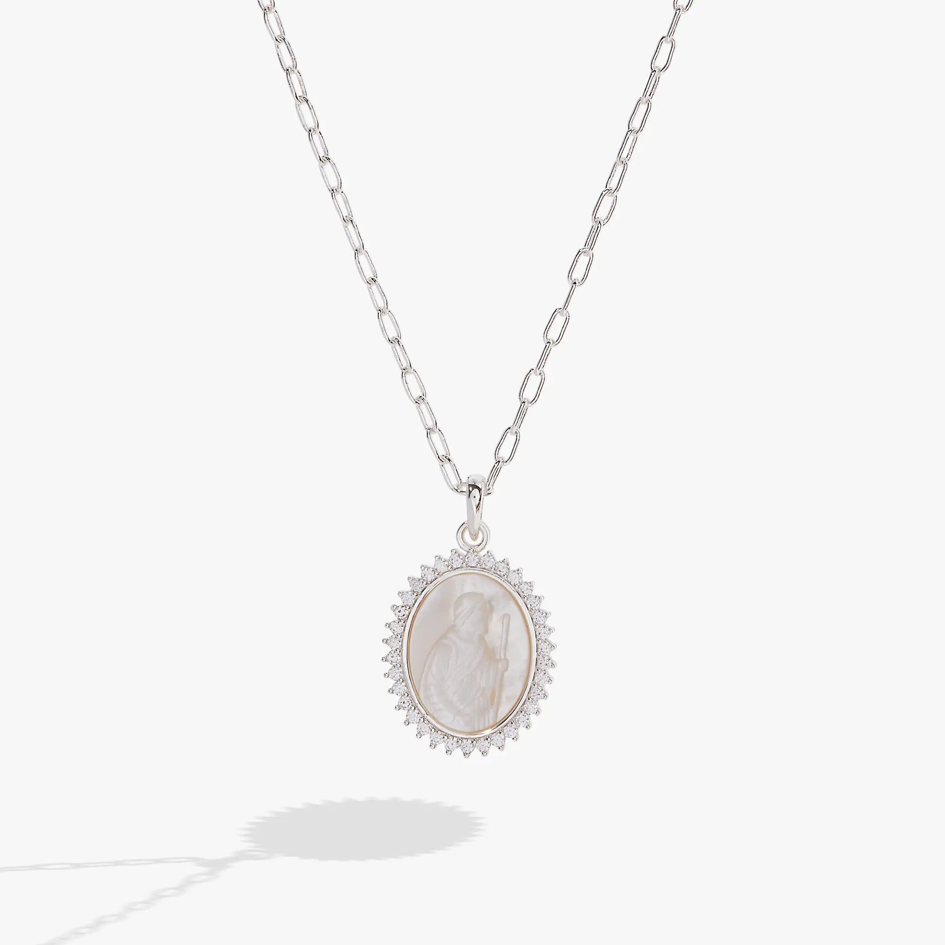 Divine Guides St Christopher pendant necklace by ALEX AND ANI, silver chain with oval cameo halo on Tampa Home & Garden Store