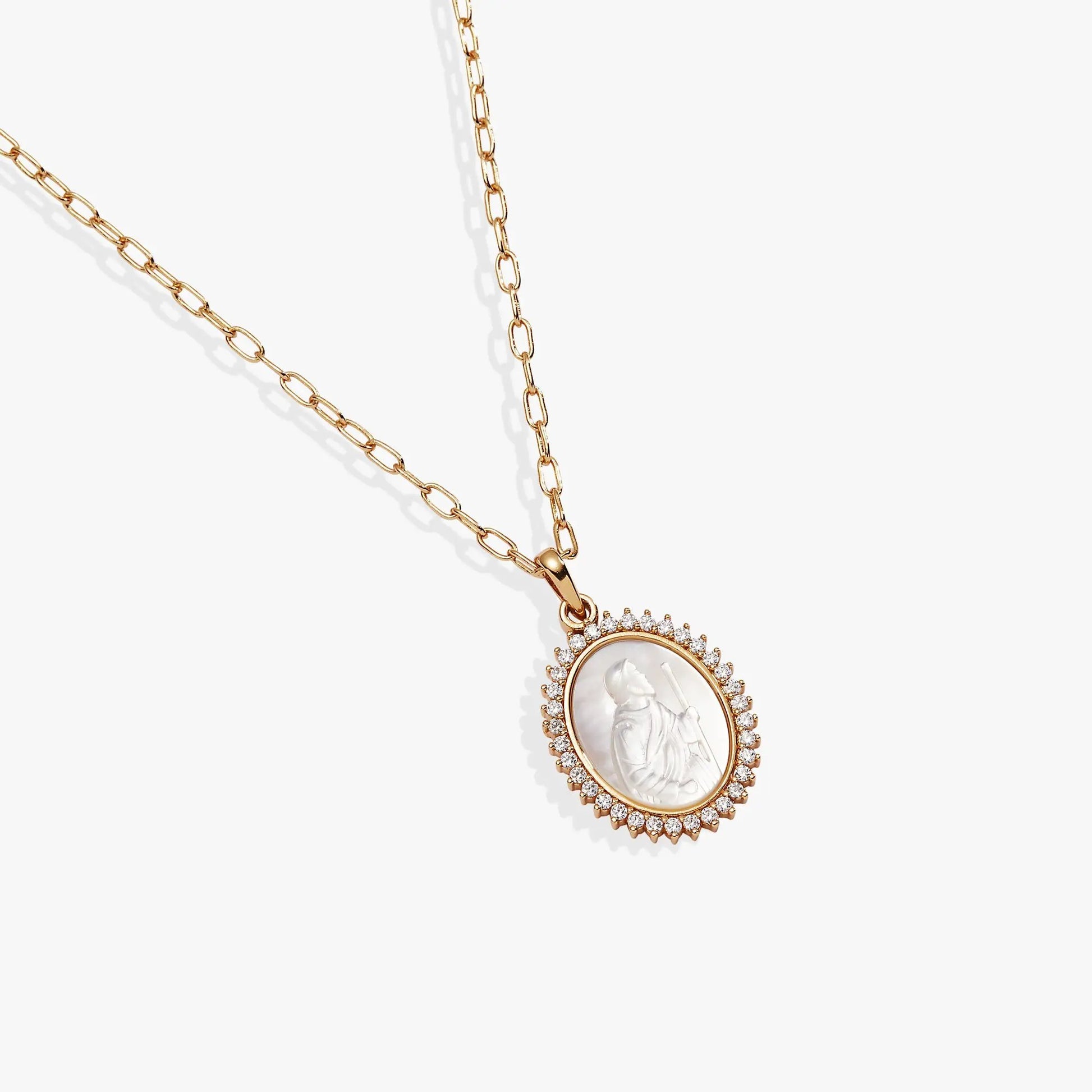 Divine Guides St Christopher pendant necklace by Alex and Ani in gold tone with oval cameo on Tampa Home & Garden Store