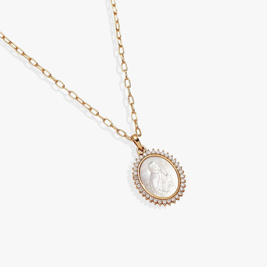 Divine Guides St Christopher pendant necklace by Alex and Ani in gold tone with oval cameo on Tampa Home & Garden Store