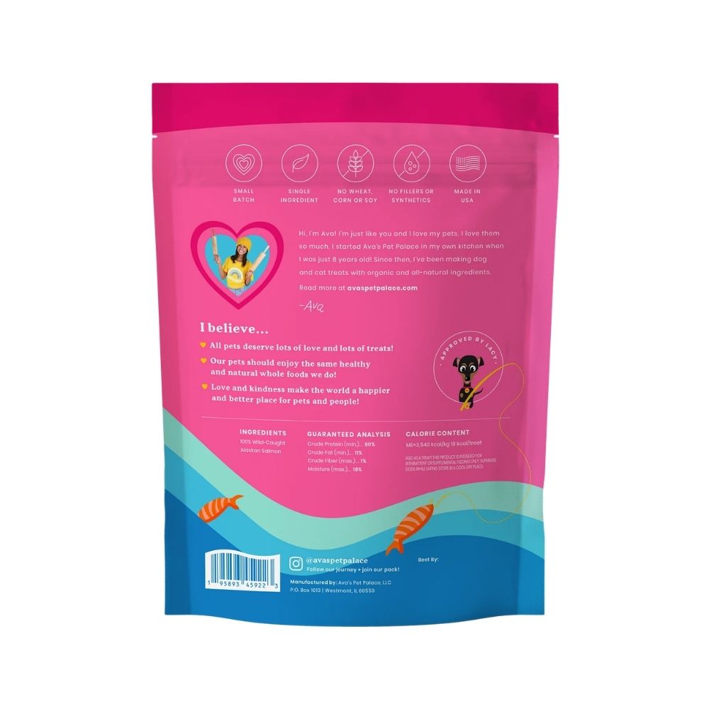 Dog treats Ava's Pet Palace Crunchy Jerky Salmon (4 oz) pink-blue bag American Pet Supplies on Tampa Home & Garden Store