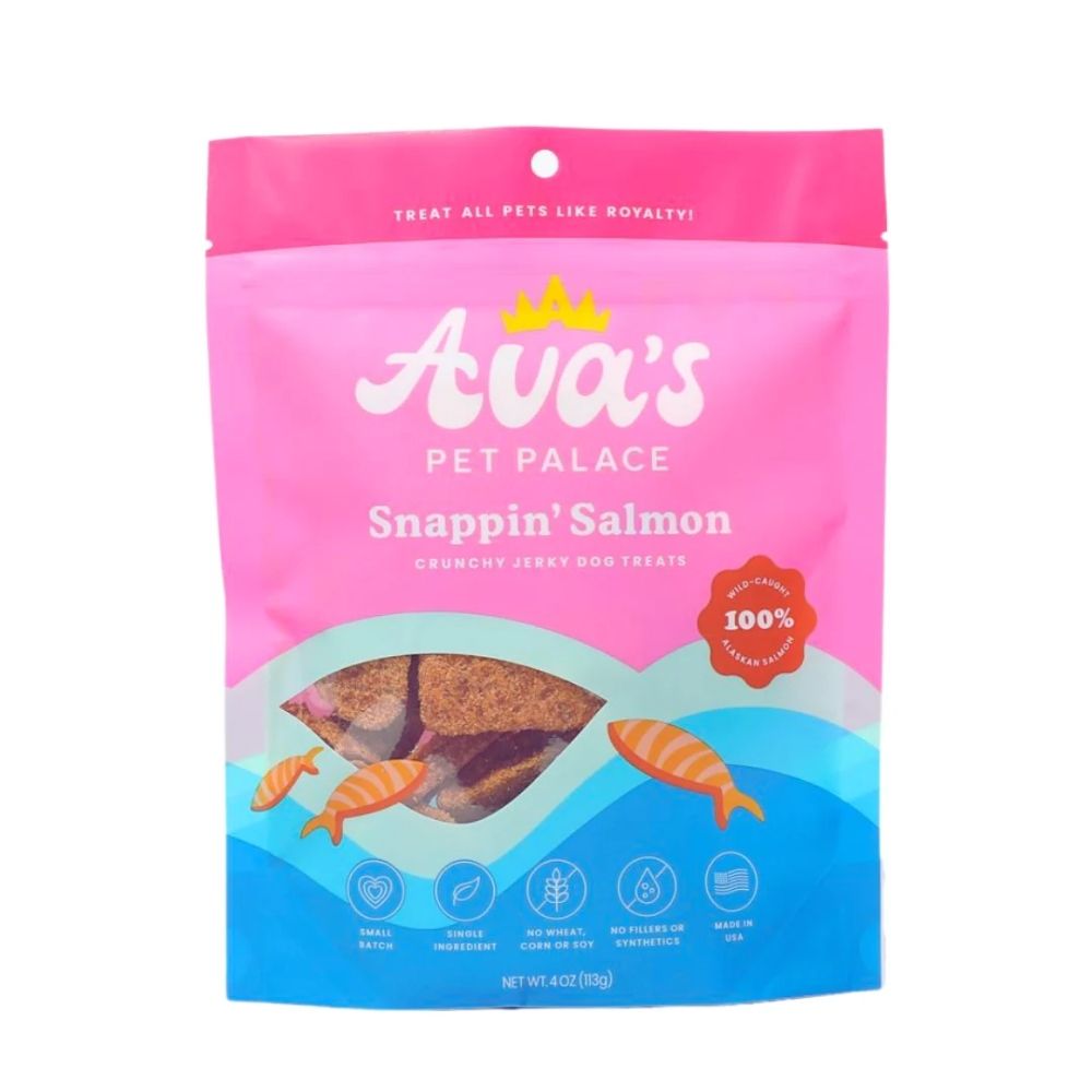 Dog treats Ava's Pet Palace Snappin' Salmon Crunchy Jerky, pink/blue 4 oz bag on Tampa Home & Garden Store