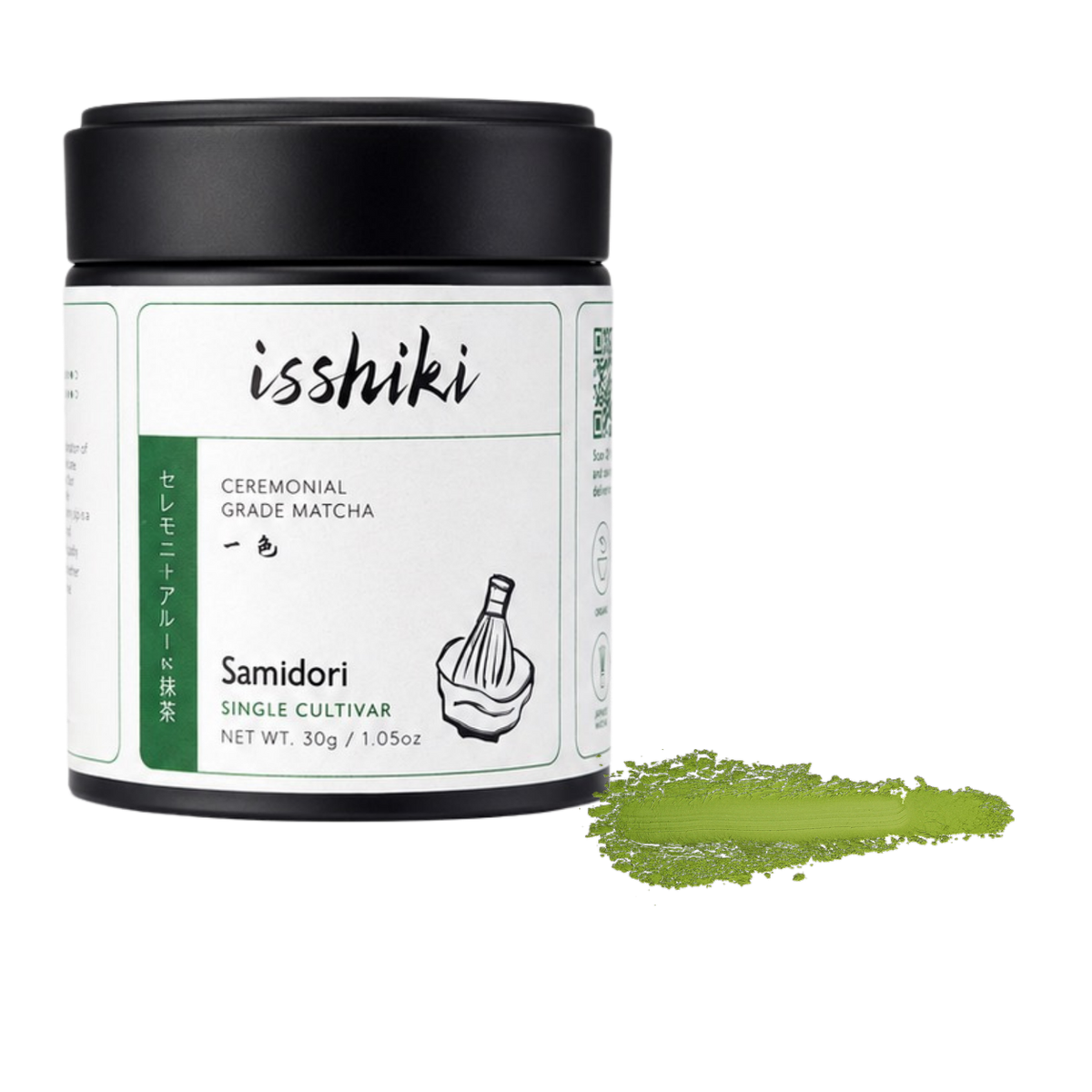 Samidori single cultivar ceremonial grade matcha powder in a black lid jar by isshiki on Tampa Home & Garden Store