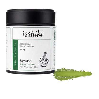 Samidori single cultivar ceremonial grade matcha powder in a black lid jar by isshiki on Tampa Home & Garden Store