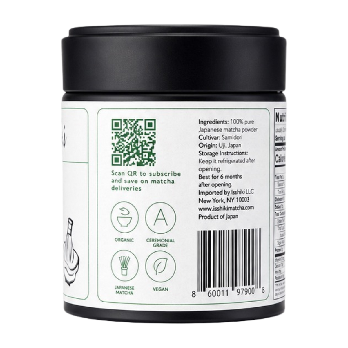 Samidori single cultivar matcha powder in a black jar by isshiki matcha, premium tea on Tampa Home & Garden Store
