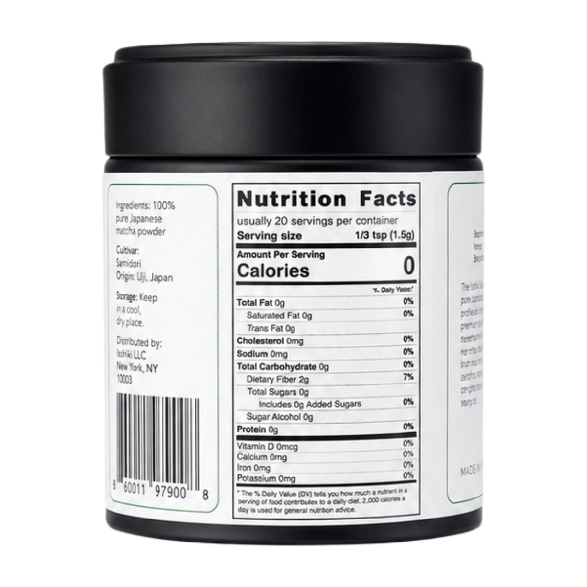 Premium matcha powder Samidori Single Cultivar by isshiki matcha in a white jar with black lid on Tampa Home & Garden Store