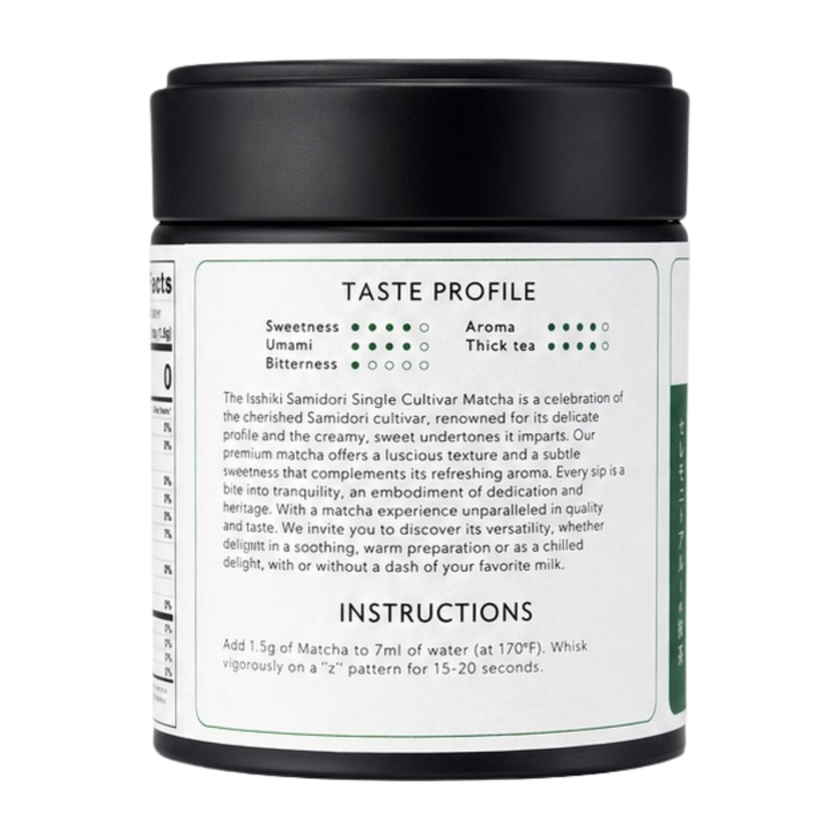 Samidori Single Cultivar Matcha premium powder jar by isshiki matcha with tasting label on Tampa Home & Garden Store