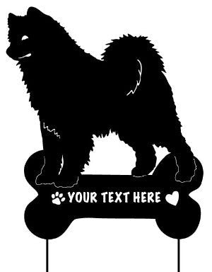 Samoyed garden stake silhouette in black metal with bone-shaped base and customizable text on Tampa Home & Garden Store