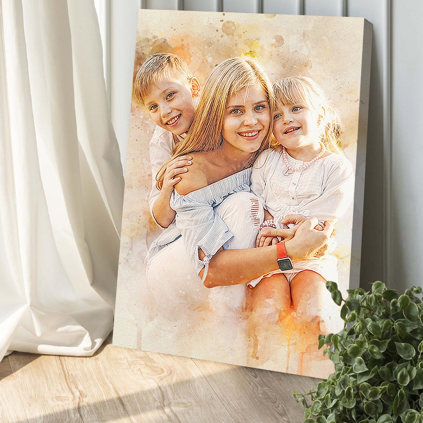 Family watercolor portrait canvas print showing three smiling children on beige watercolor backdrop on Tampa Home & Garden Store