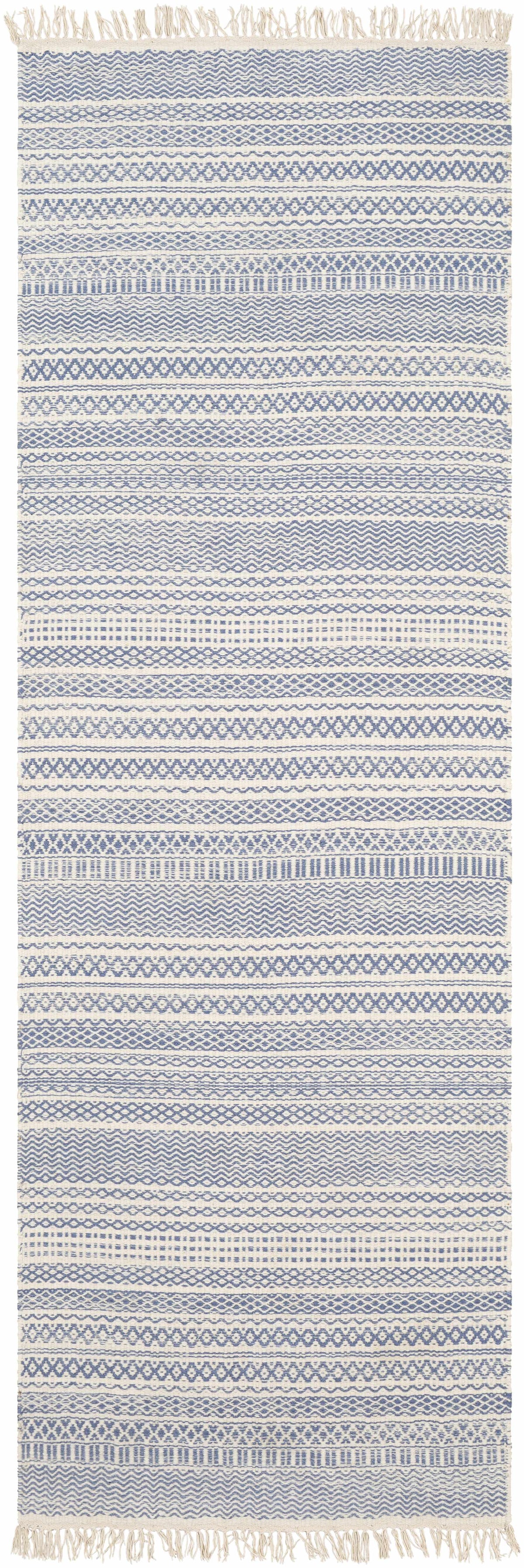 Sanc Blue/Cream Flatweave Wool Rug blue cream geometric pattern with fringe Boutique Rugs on Tampa Home & Garden Store