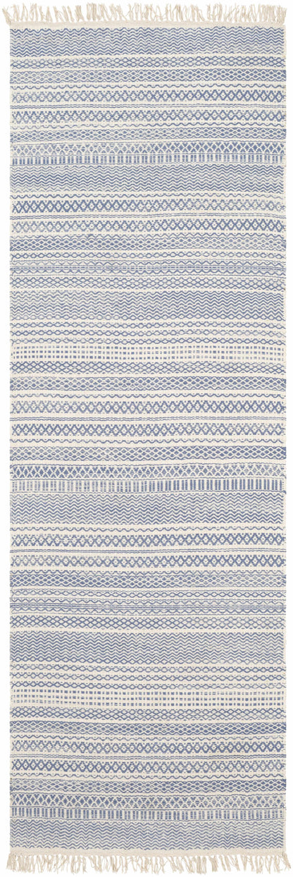 Sanc Blue/Cream Flatweave Wool Rug blue cream geometric pattern with fringe Boutique Rugs on Tampa Home & Garden Store