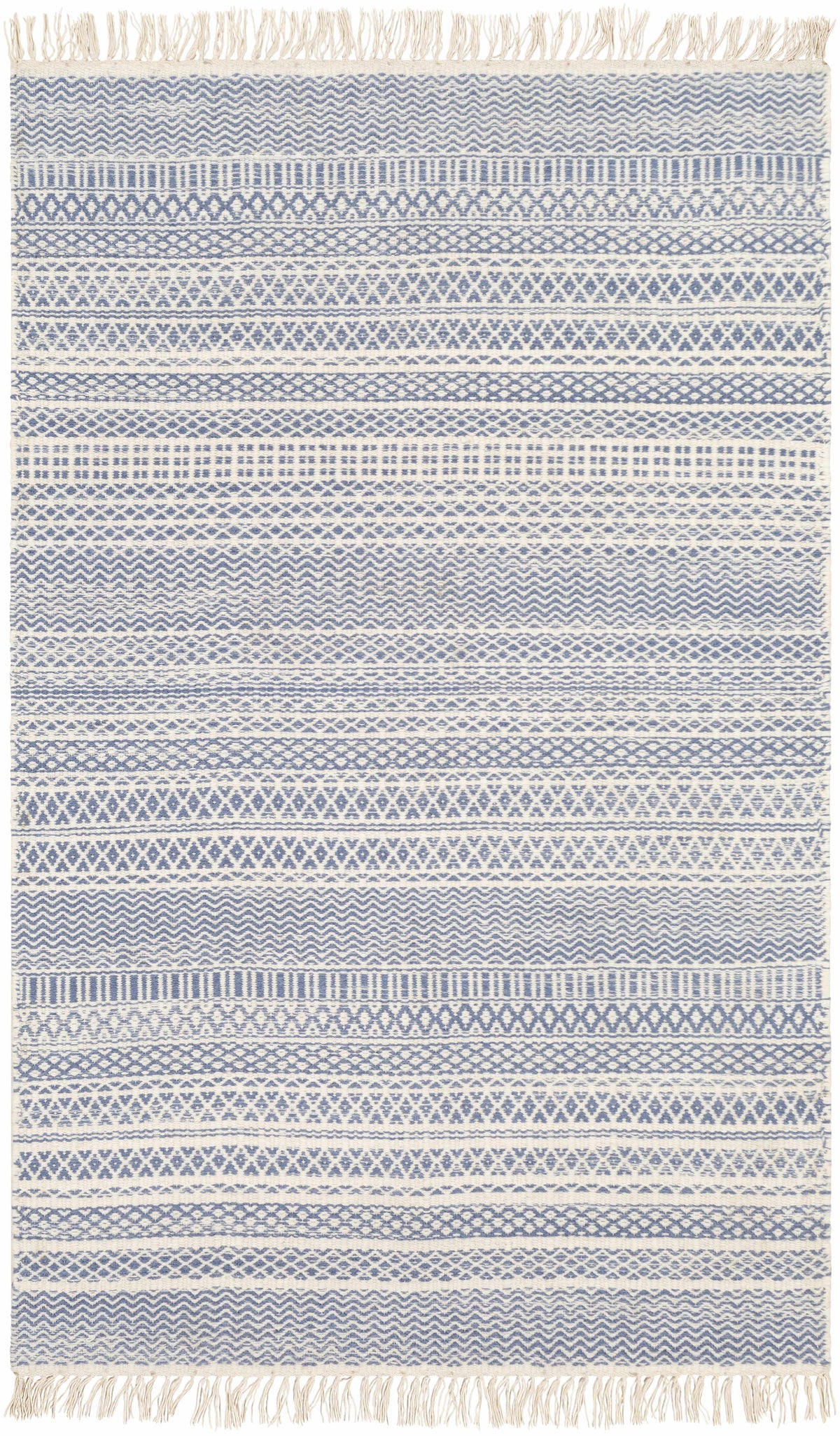 Sanc blue/cream flatweave wool rug with fringe by Boutique Rugs on Tampa Home & Garden Store