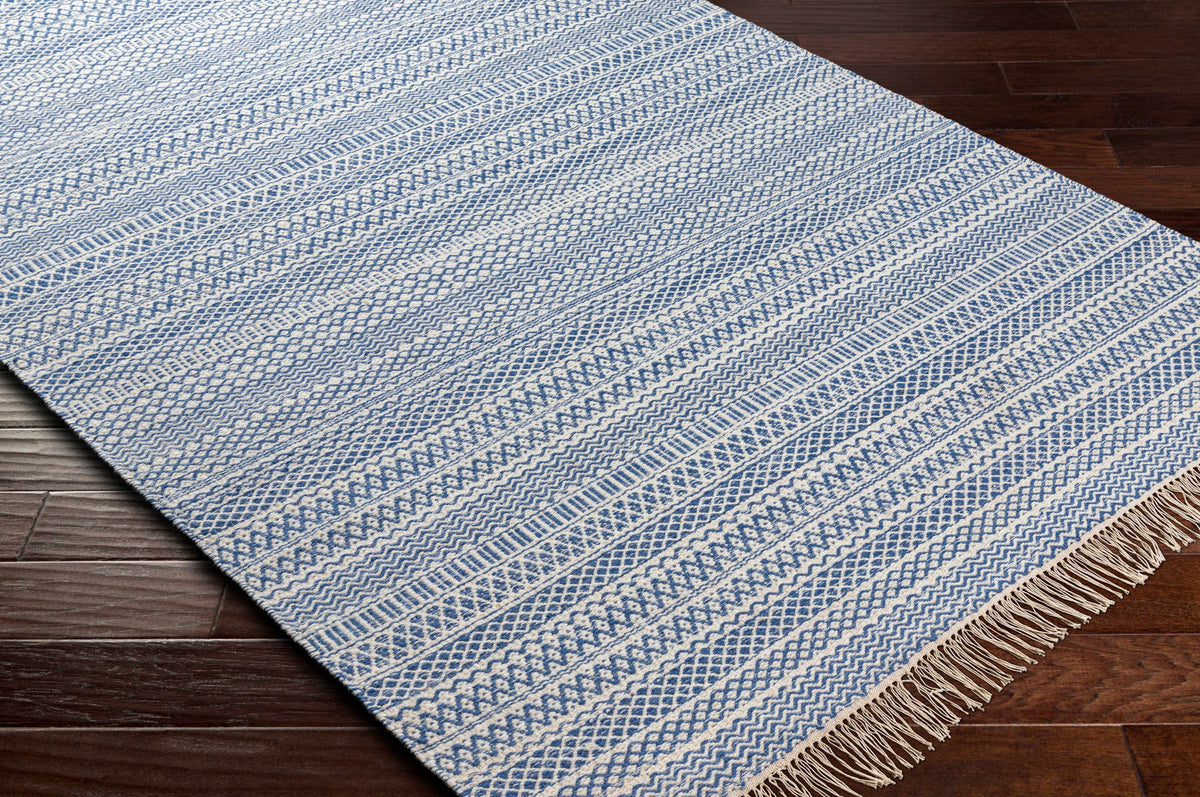 Sanc Blue/Cream Flatweave Wool Rug blue and cream geometric pattern Boutique Rugs on Tampa Home & Garden Store