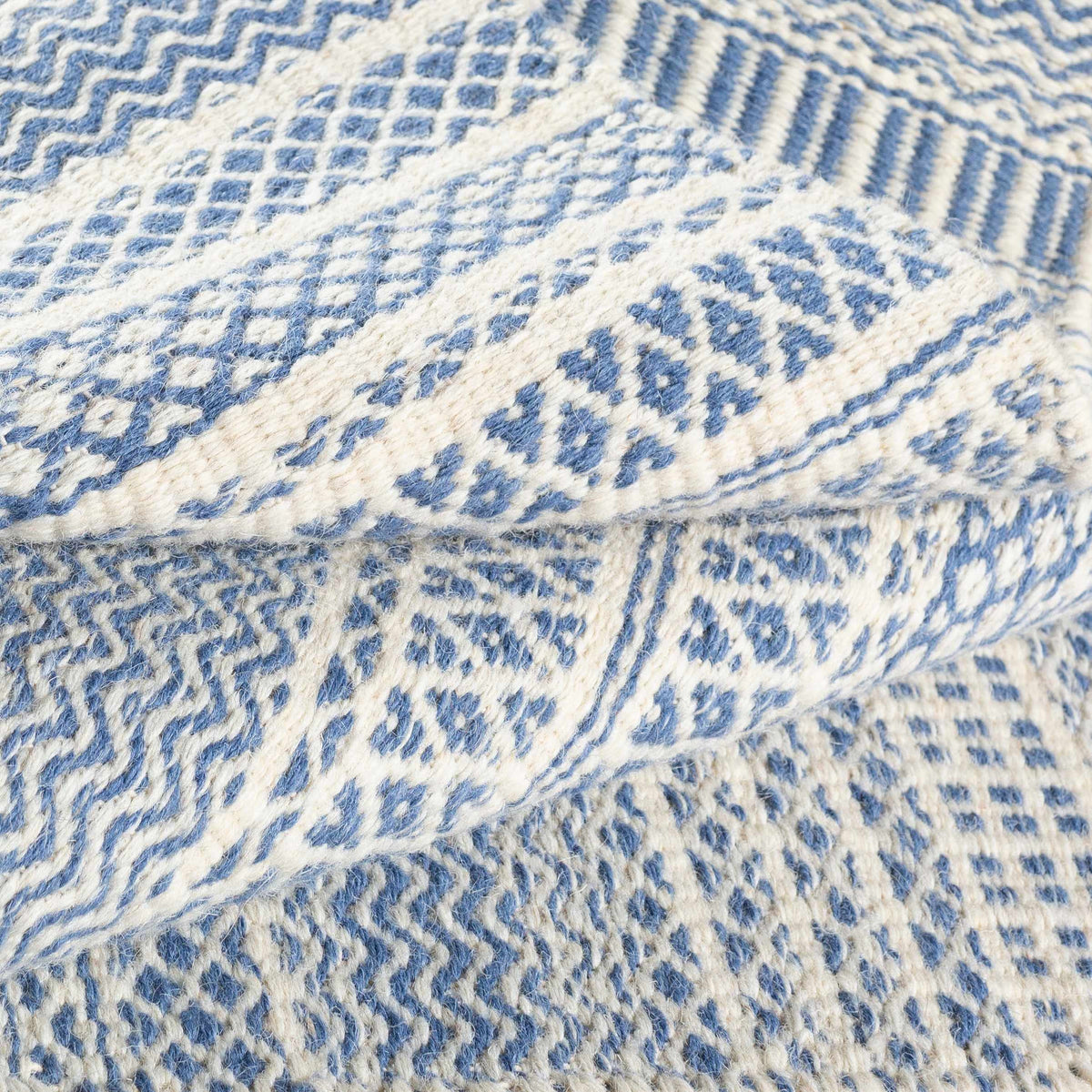 Sanc Blue/Cream Flatweave Wool Rug blue cream textile texture close-up Boutique Rugs on Tampa Home & Garden Store