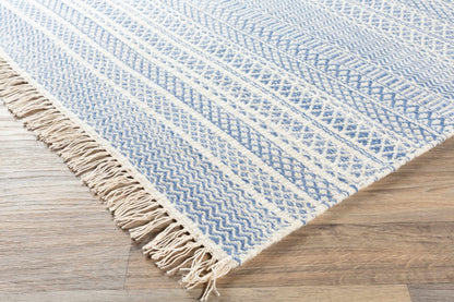 Sanc Blue/Cream Flatweave Wool Rug with fringe and geometric pattern by Boutique Rugs on Tampa Home & Garden Store