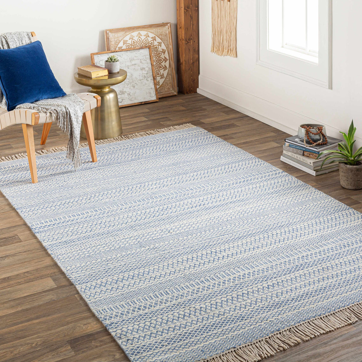 Sanc Blue/Cream Flatweave Wool Rug by Boutique Rugs, blue/cream with fringe, clearance on Tampa Home & Garden Store