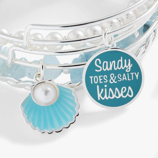 Beach Bangle Set of 5 by Alex and Ani; silver bracelets with pearl beads and turquoise charms on Tampa Home & Garden Store
