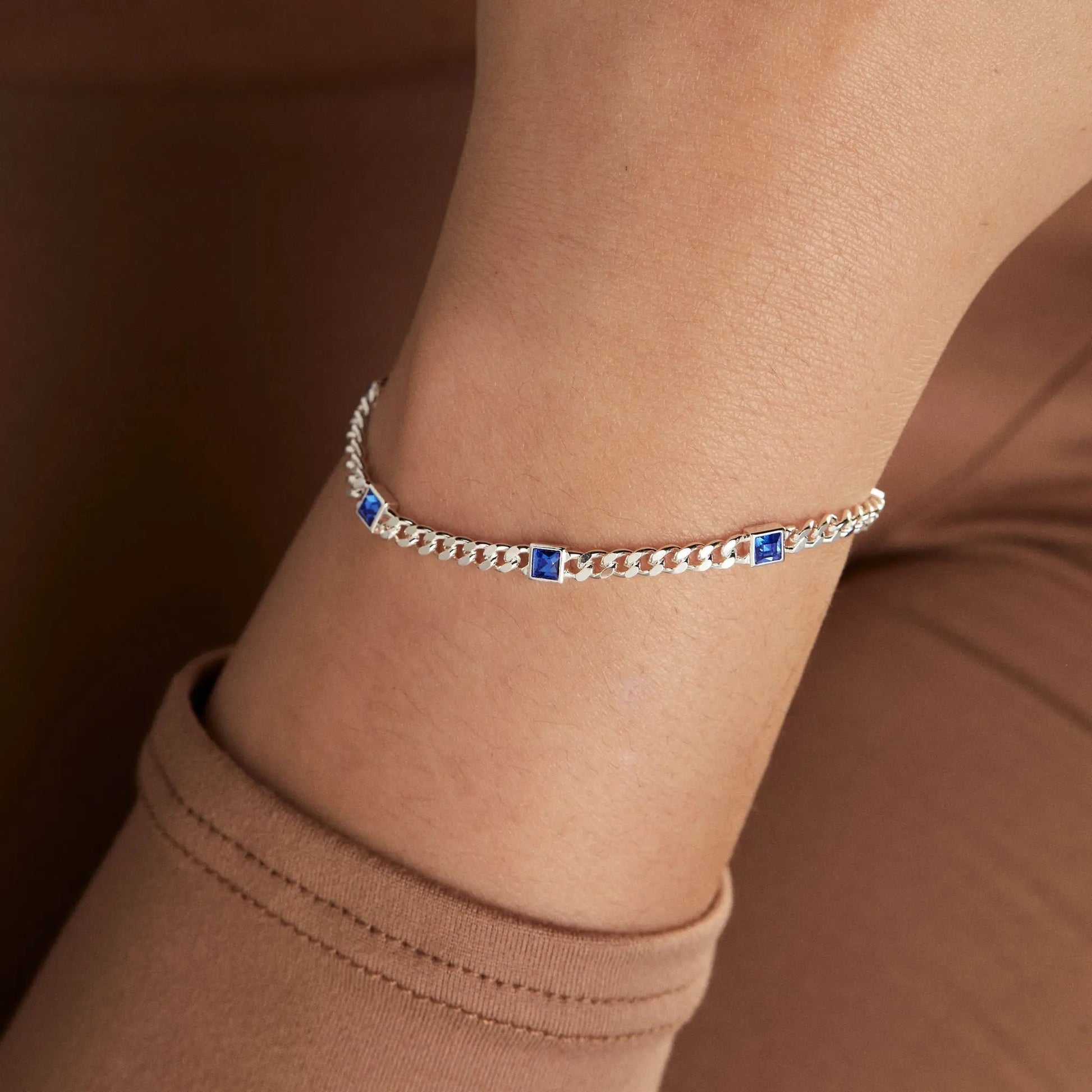 September Birthstone Sapphire Curb Chain Bracelet with blue sapphires on silver chain on Tampa Home & Garden Store