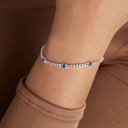 September Birthstone Sapphire Curb Chain Bracelet with blue sapphires on silver chain on Tampa Home & Garden Store