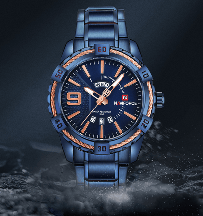 Men's stainless steel waterproof watch with day/date, blue band, Naviforce logo dial on Tampa Home & Garden Store