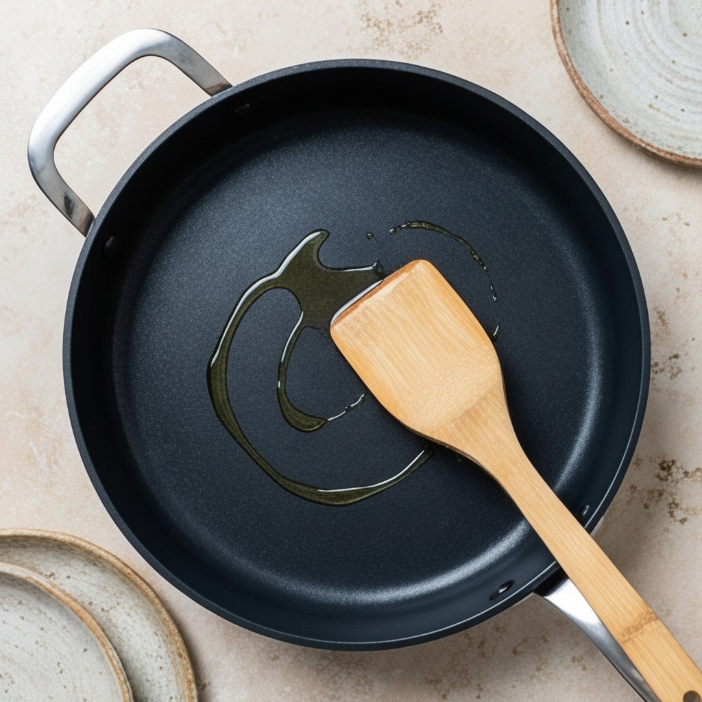 Ceramic nonstick sauté pan 4-Qt with wooden spatula and oil swirl on Tampa Home & Garden Store
