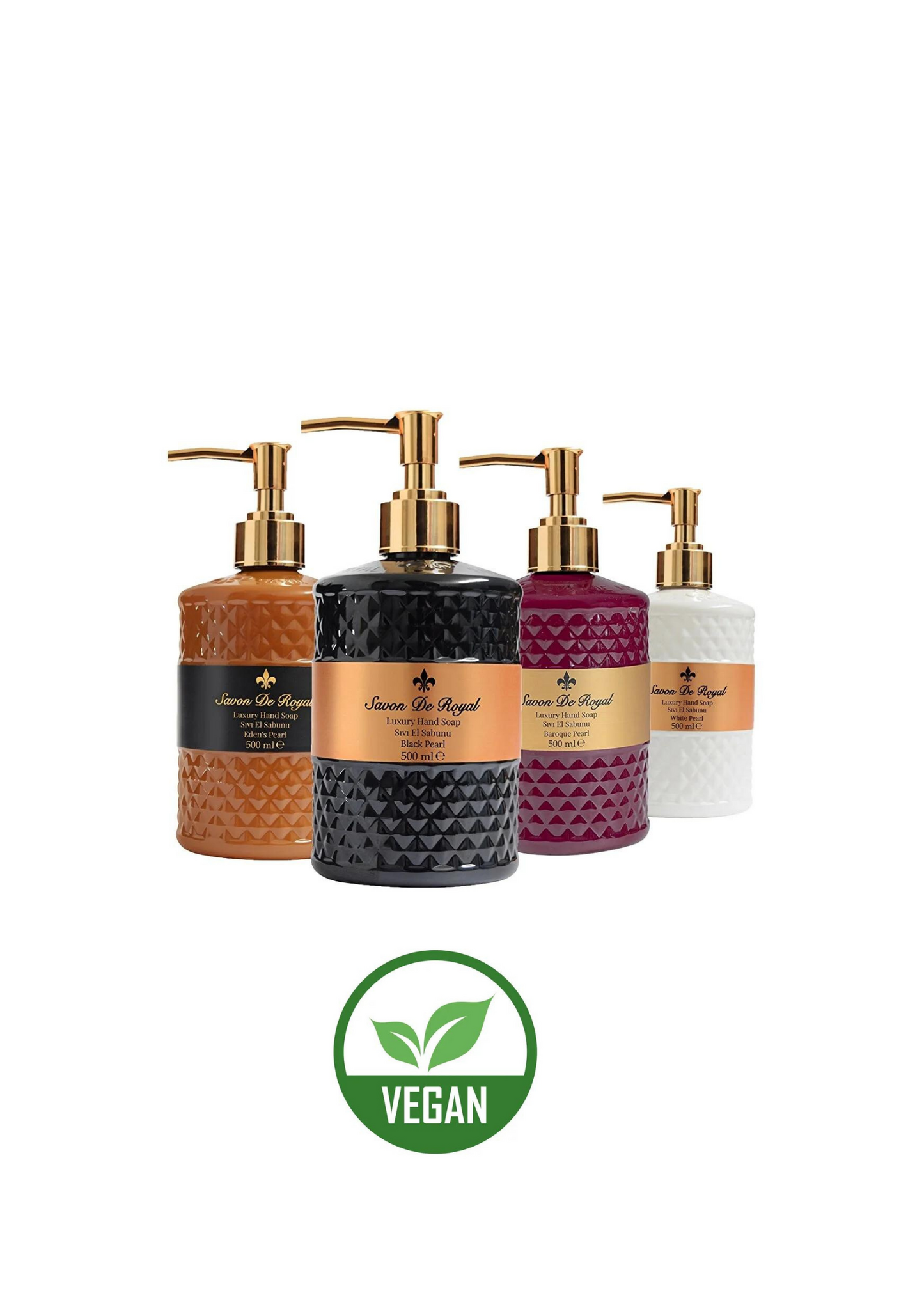 Savon de Royal vegan pearl liquid hand soap set 4x500ml orange black pink white with gold pumps on Tampa Home & Garden Store