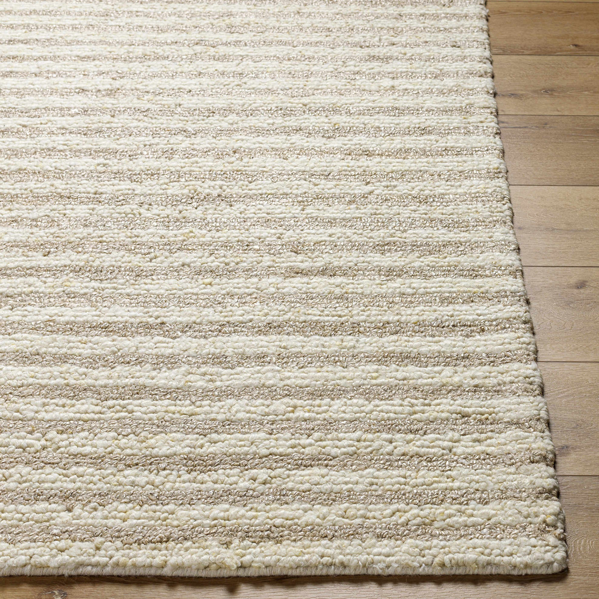 Saku Cream Striped Wool Rug by Boutique Rugs, beige cream stripes, plush textured pile on Tampa Home & Garden Store
