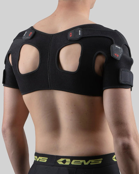 SB05 Shoulder Brace with X Strap Support in black neoprene with EVS patches on back on Tampa Home & Garden Store