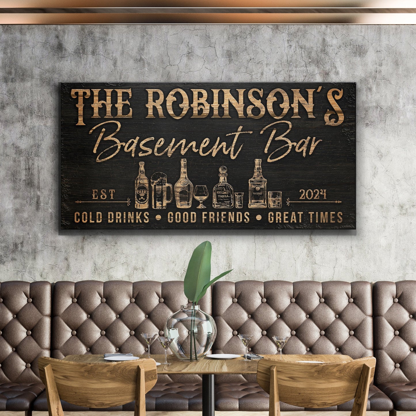 Personalized Basement Bar Sign III canvas by Tailored Canvases copper lettering on black background on Tampa Home & Garden Store